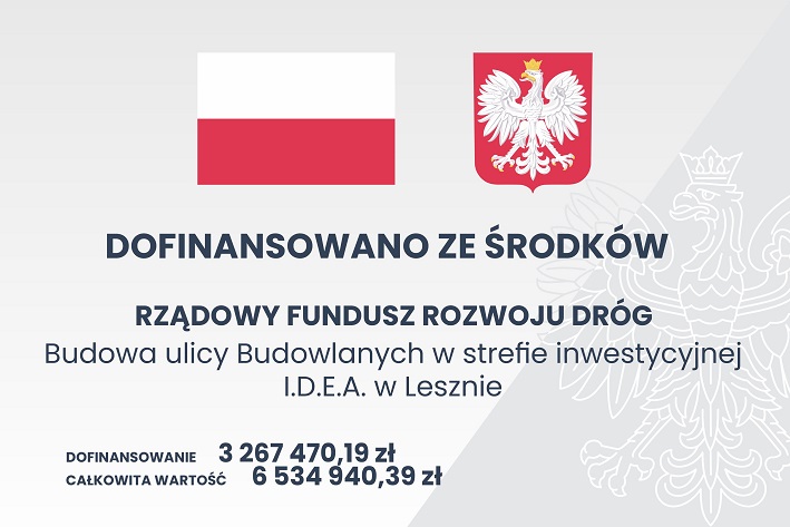 Plansza z flagą i godłem Polski oraz szczegółowymi kwotami dofinansowania