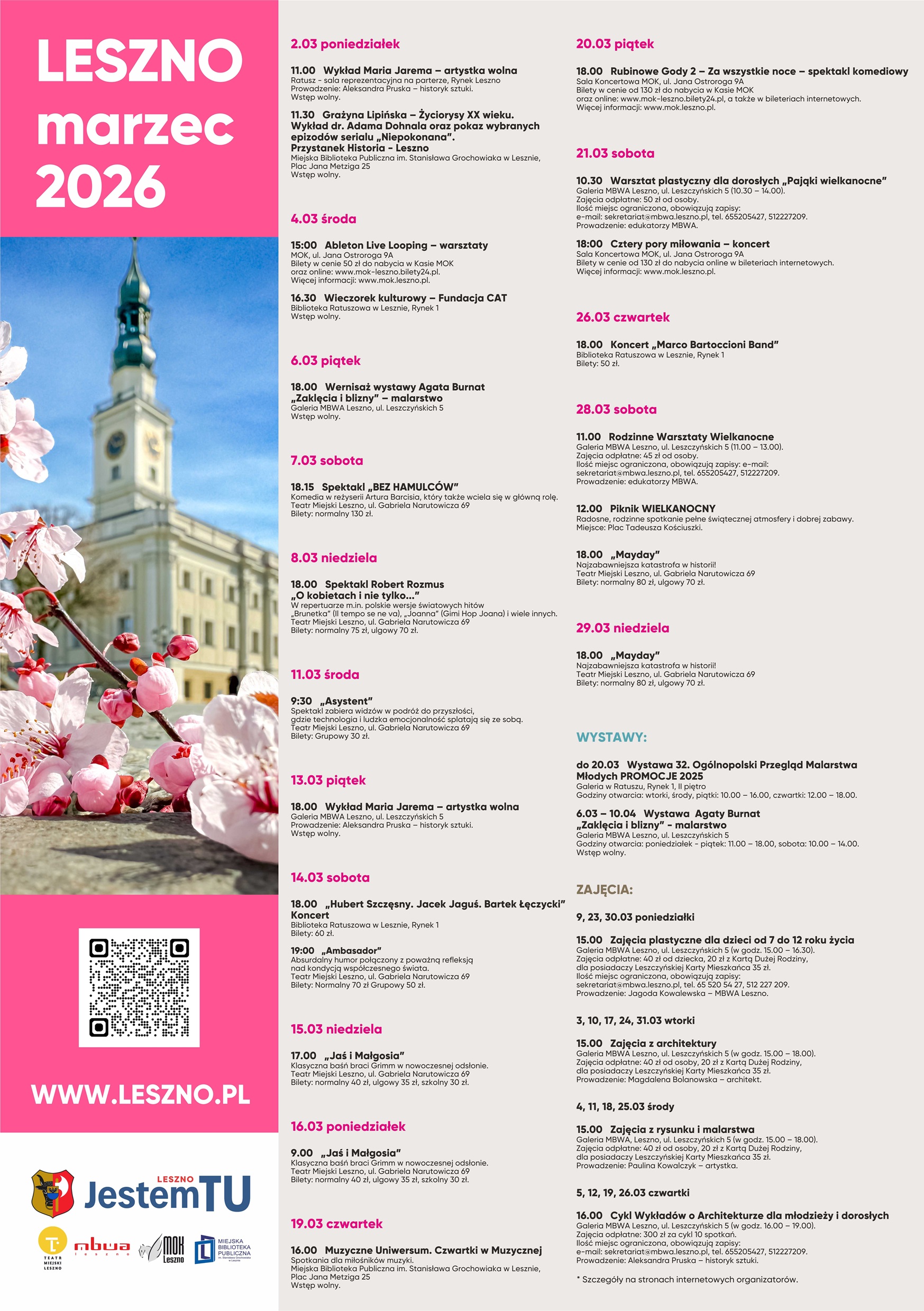 Plakat z imprezami miejskimi w marcu 2026