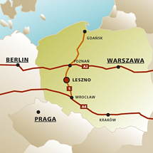 Mapa z ważnymi drogami i zaznaczonymi miastami Lesznem, Poznaniem, Wrocławiem, Warszawą, Berlinem, Pragą 